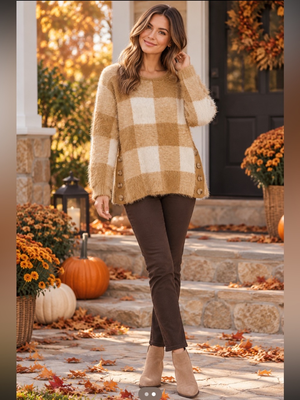🎄 Fuzzy Checkered Soft Sweater Butterscotch Side Button Hem NWT 2X Fever